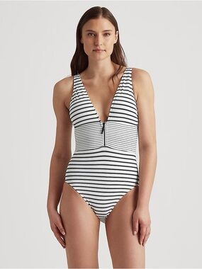 Ralph Lauren Striped V-Neck Black & White Zip-Front One-Piece Swimsuit Size 12